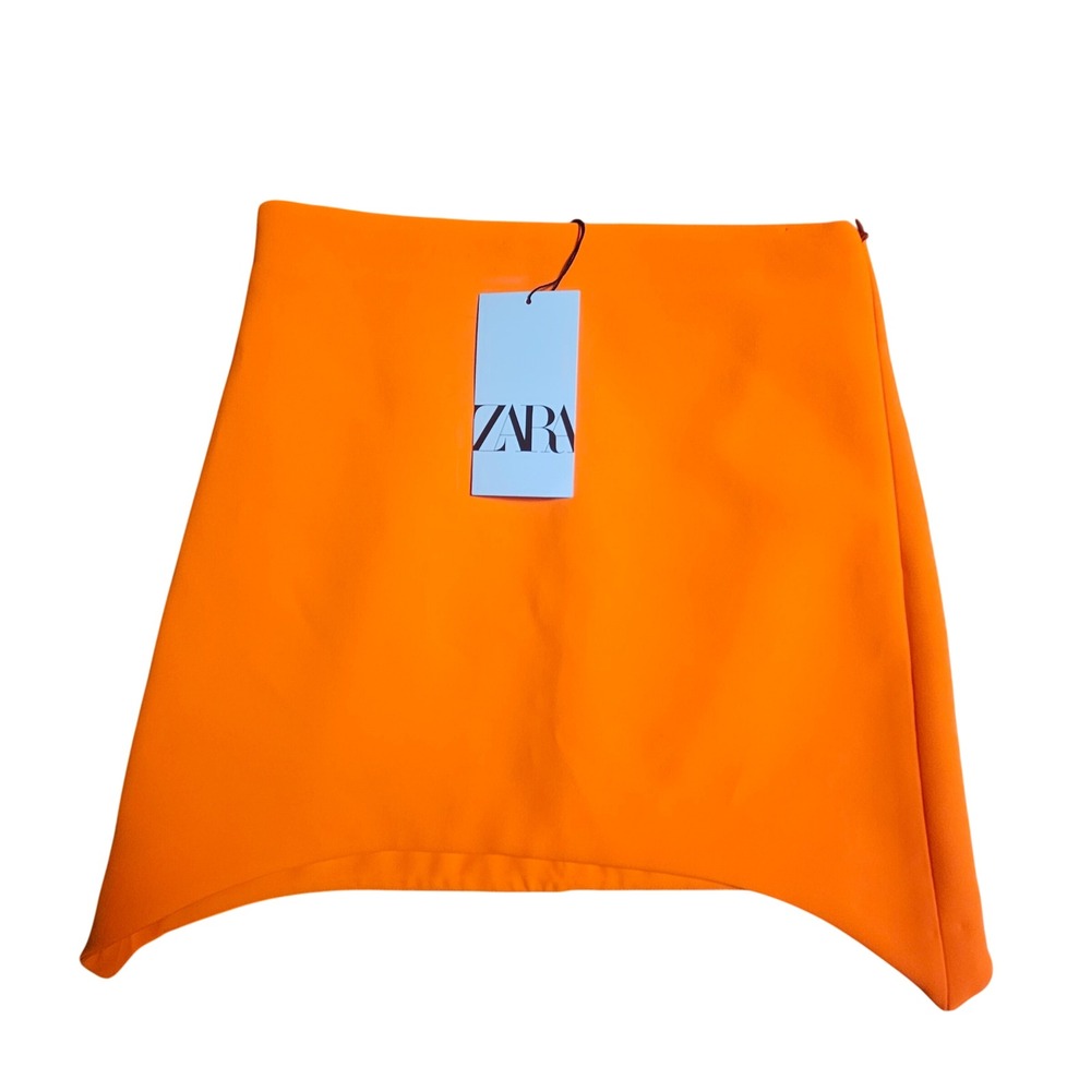 Zara Neon Orange Asymmetrical Hem Mini Skirt High Waist XS Statement Piece NWT